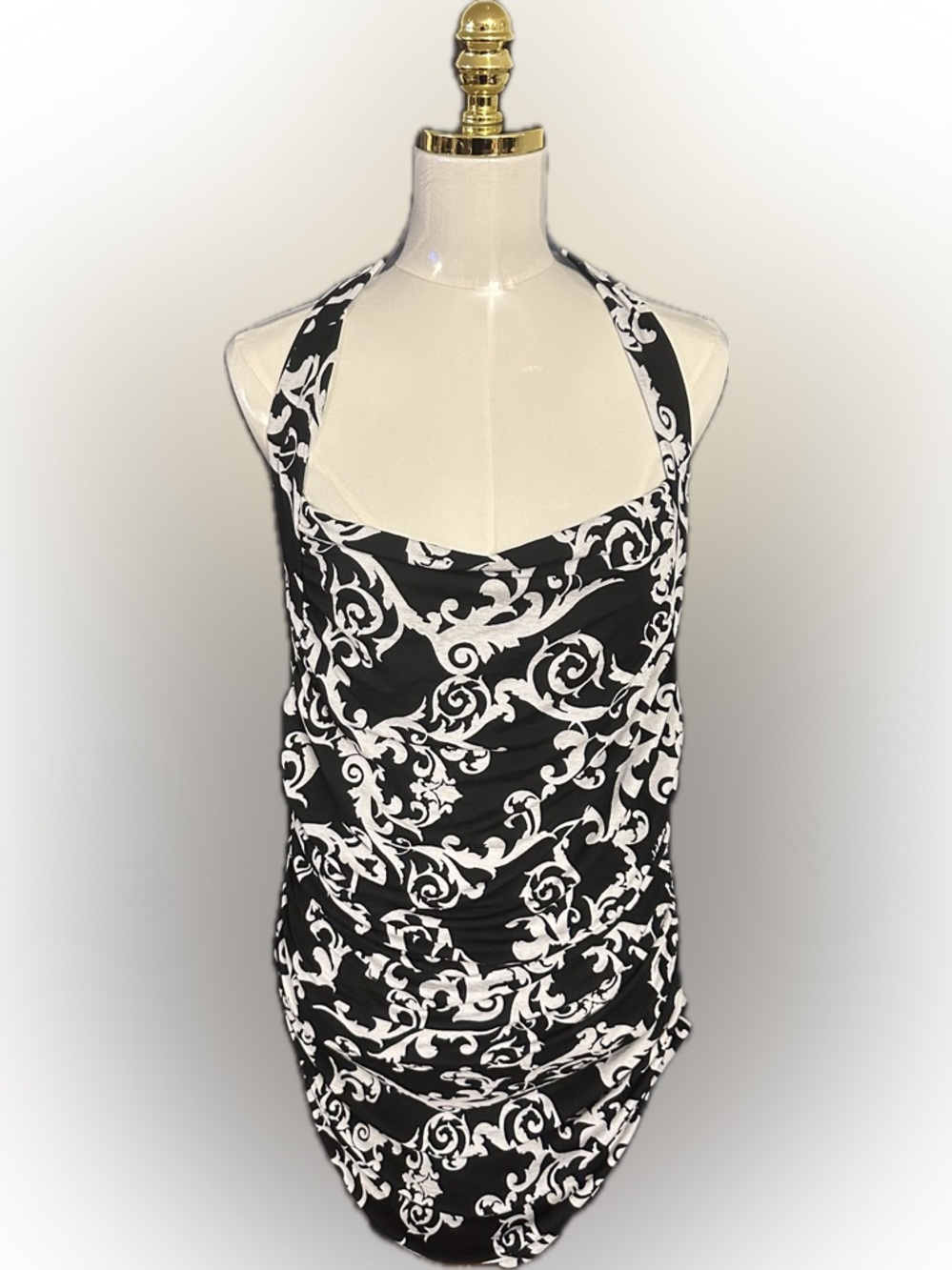 Black White Baroque Print Halter Dress 1X Ruched Bodycon NWT